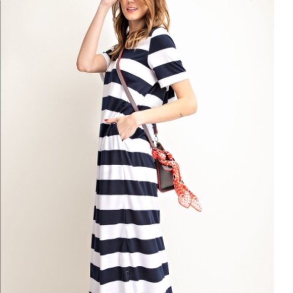 Maxi Dress Lounge Wear Hooded Navy White Stripe - Picture 6 of 8